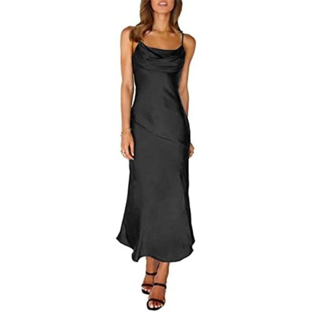SATIN Silk Slip Maxi Dress for Wedding Guest Women Black